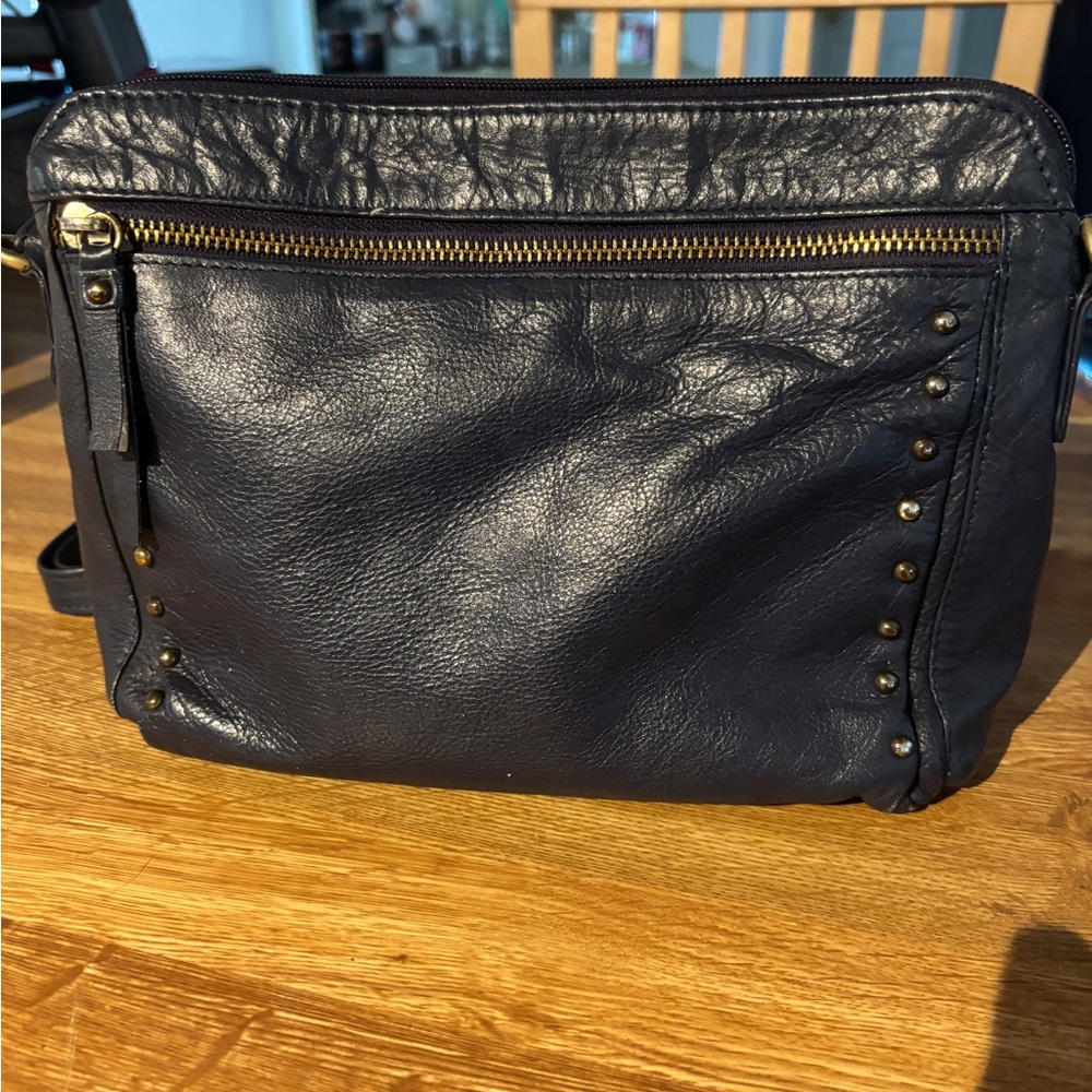 Classic Navy Leather Crossbody Bag with Brass Stud Detailing